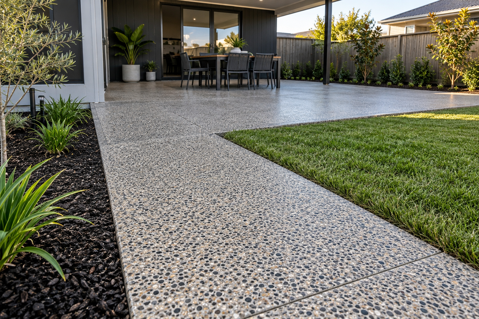 Illustrative exposed aggregate concrete patio in a backyard